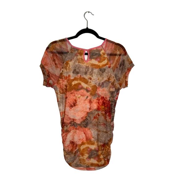 Y2K Mesh Womens Top Shortsleeve Sz M Scoop-Neck Multicolor Rouched Stretch Sheer - Picture 2 of 10